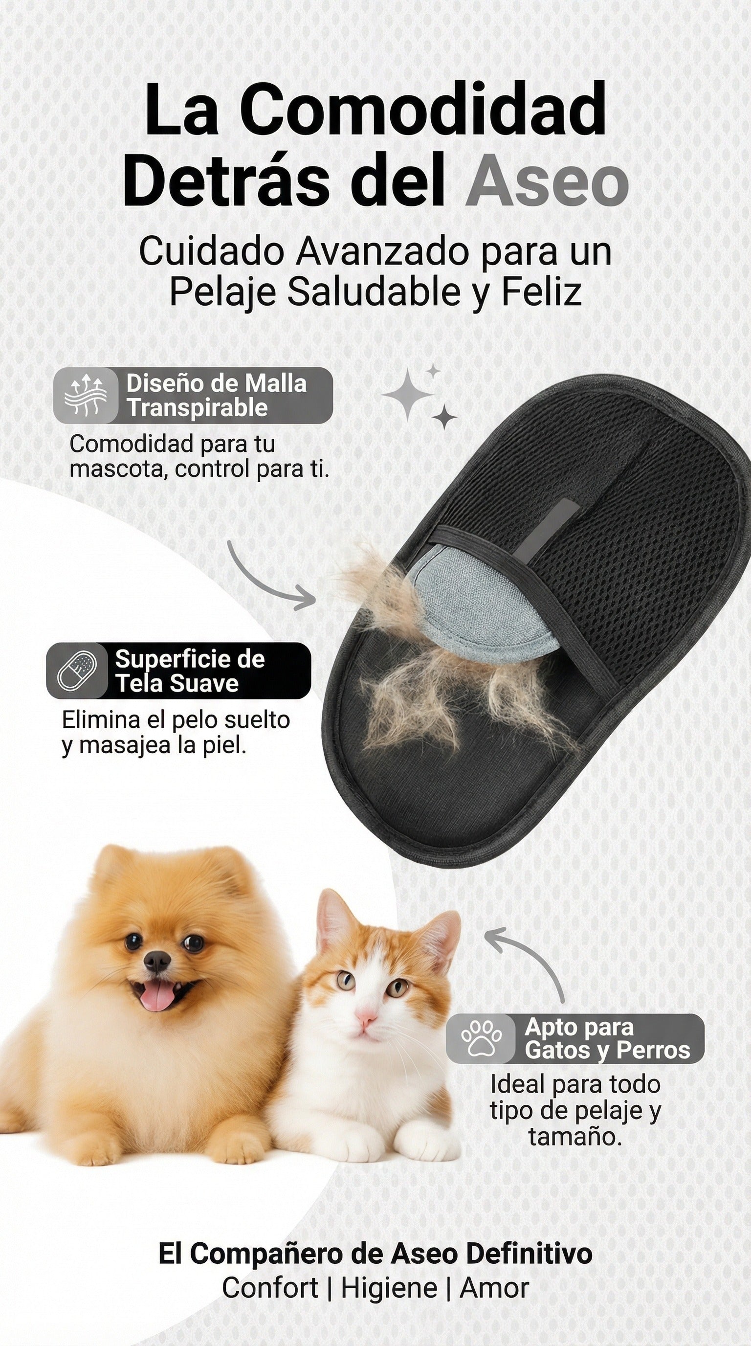 Material y diseño del guante quitapelos